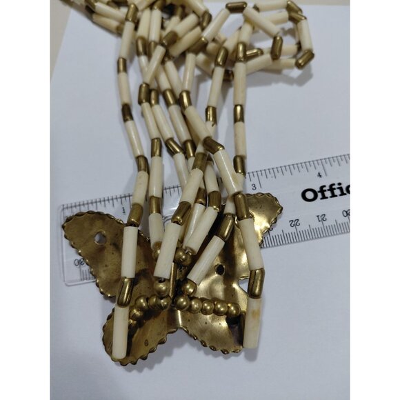 Vintage Multi-Strand White & Brass Beaded Brass Butterfly Pendant Necklace 24" - Picture 4 of 11